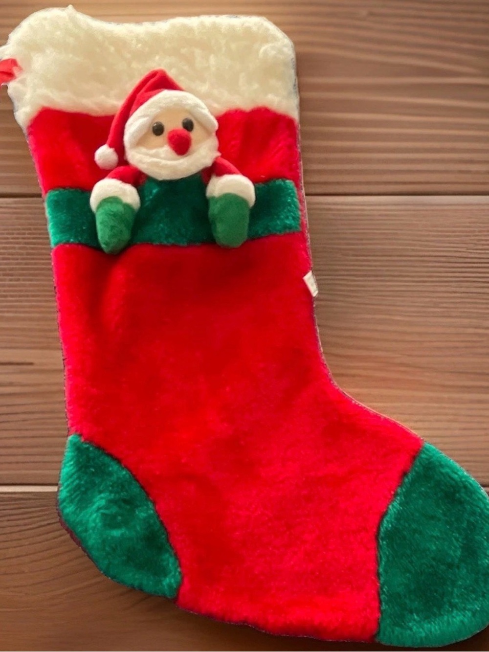 Vintage Plush Christmas Stocking 3D Santa Peeking Red Green Fuzzy Retro Holiday